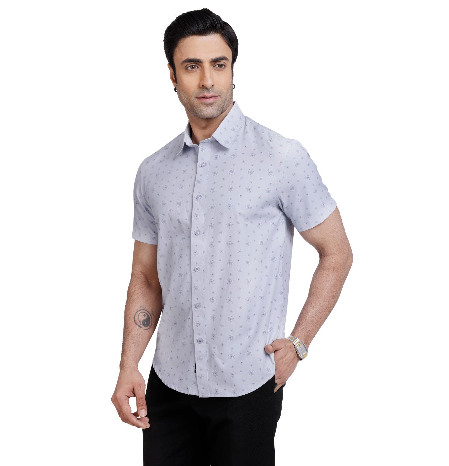 Active Fit Men's Shirt with Crackers Pattern - Half Sleeves - Ice Blue