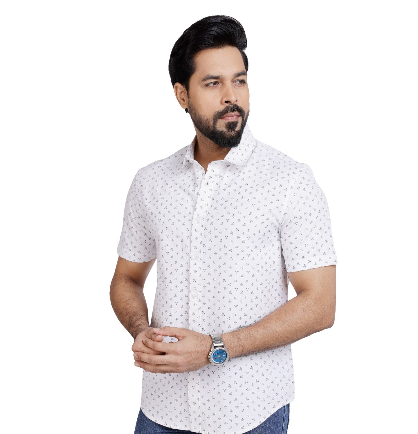 Active Fit Men's Shirt with Birdy Pattern - Half Sleeves - White