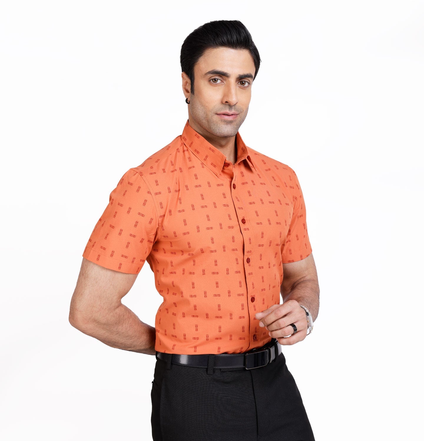 Active Fit Men's Shirt with Tribal Pattern - Half Sleeves - Rust Orange