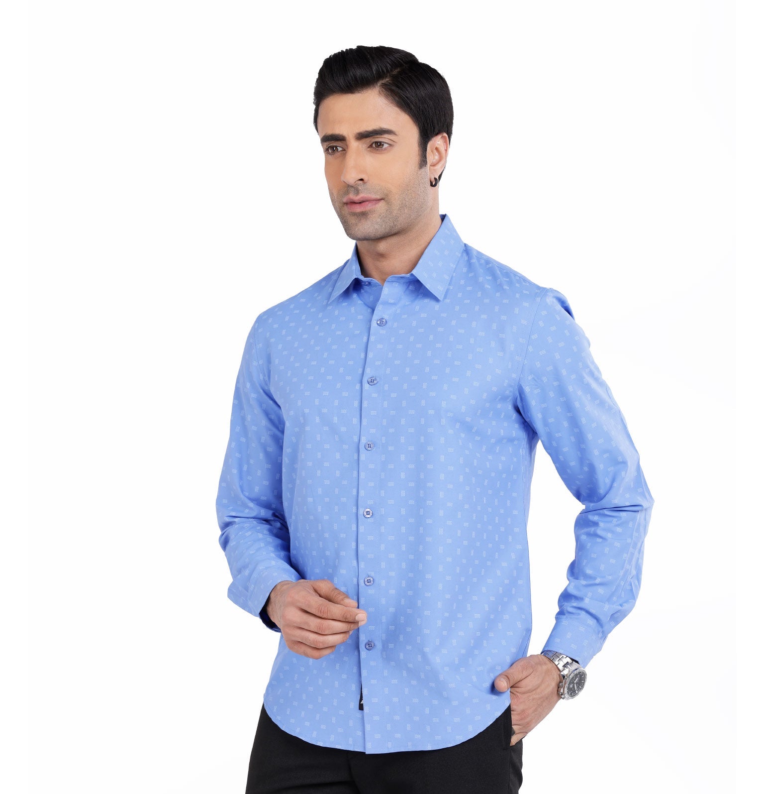 Active Fit Men's Shirt with Waves Pattern - Full Sleeves - Blue Bonnet