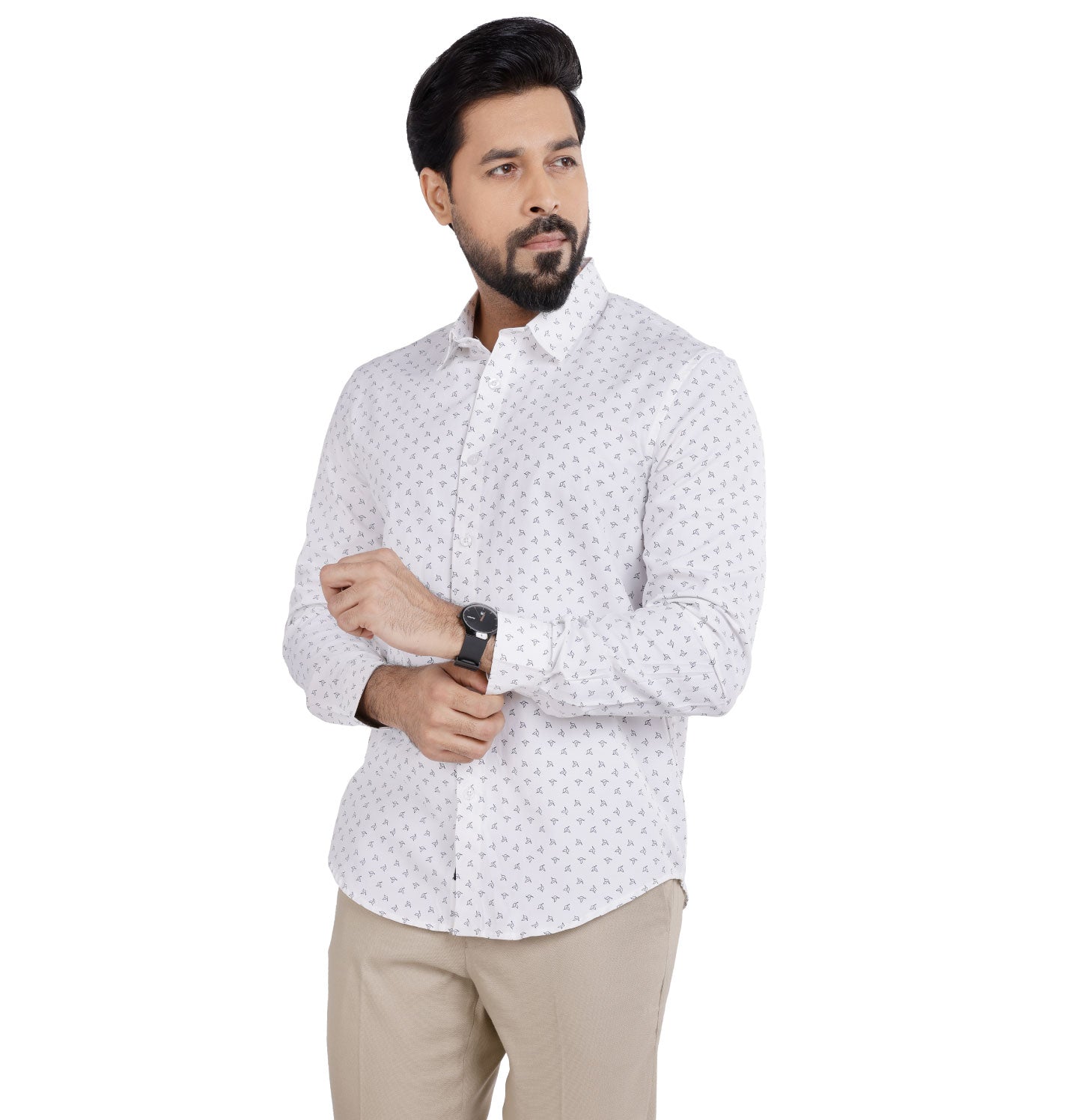 Active Fit Men's Shirt with Birdy Pattern - Full Sleeves - White