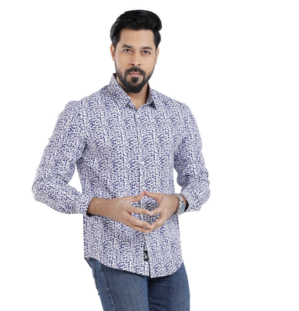 Active Fit Men's Shirt with Florals - Full Sleeves - White
