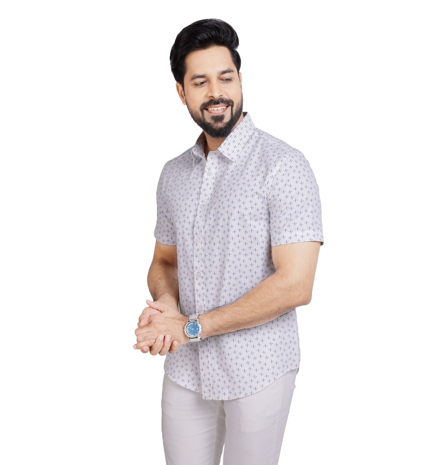 Active Fit Men's Shirt with Diamonds Pattern - Half Sleeves - White