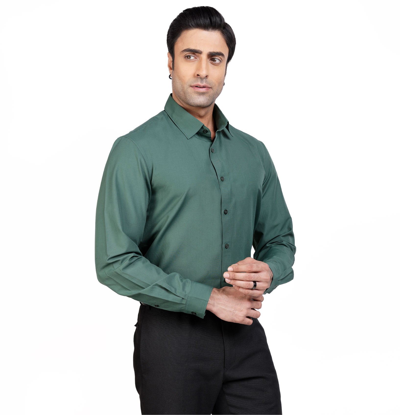 Active Fit Men's Shirt with Solid Pattern - Full Sleeves - Green