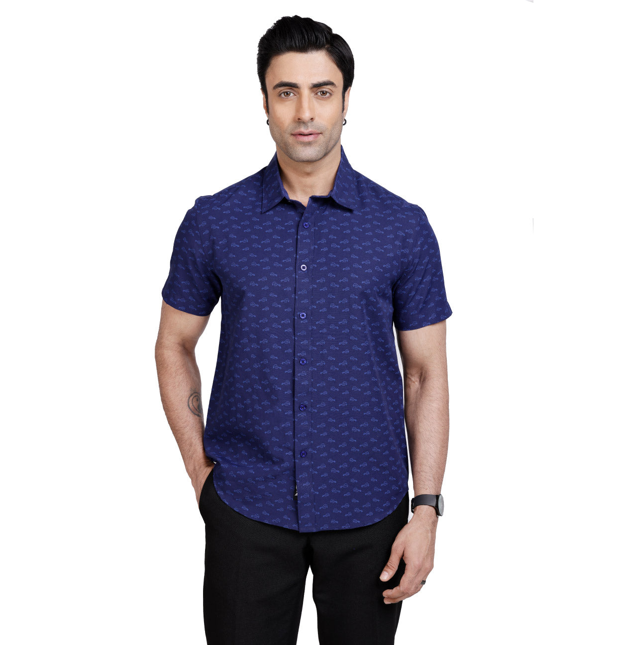 Active Fit Men's Shirt with Heard Pattern - Half Sleeves - Royal Blue