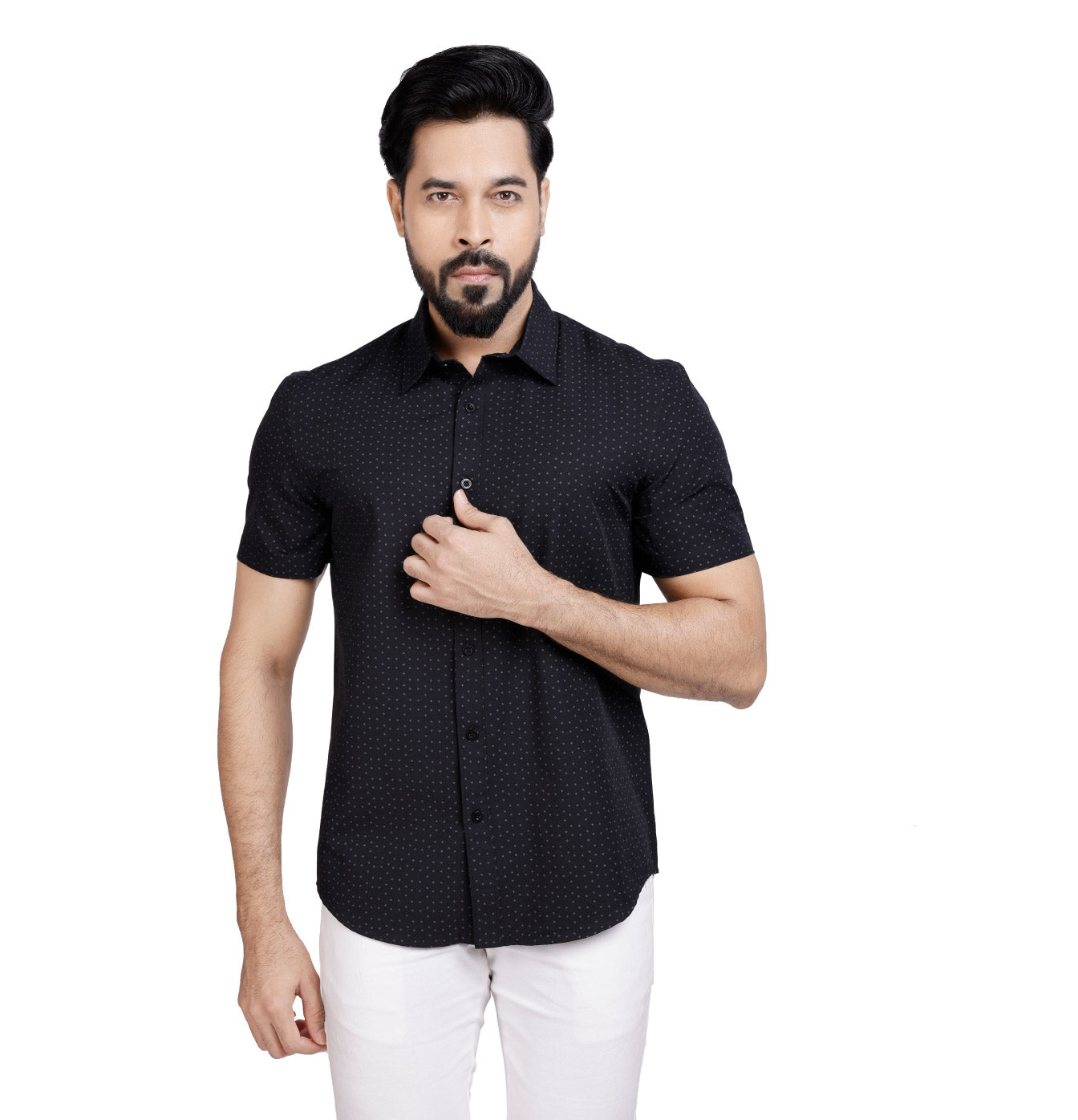 Active Fit Men's Shirt with Rhombus Pattern - Half Sleeves - Black