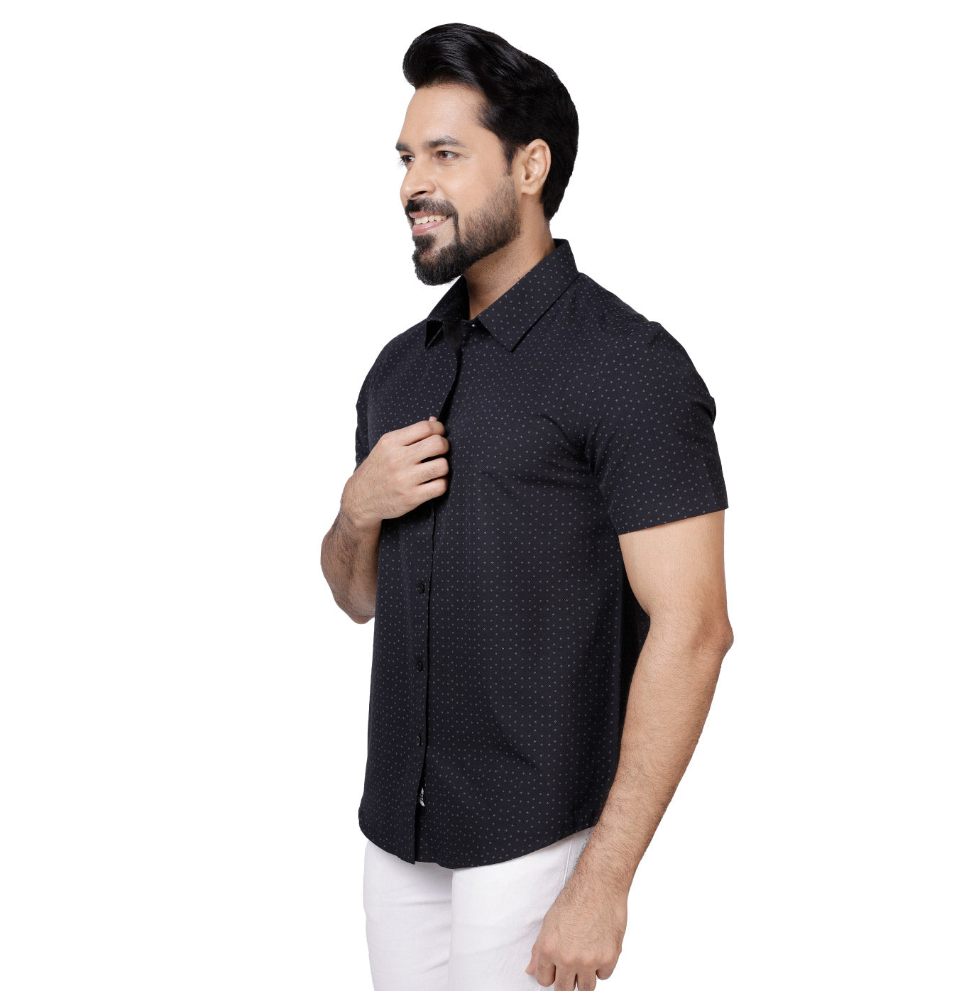 Active Fit Men's Shirt with Rhombus Pattern - Half Sleeves - Black