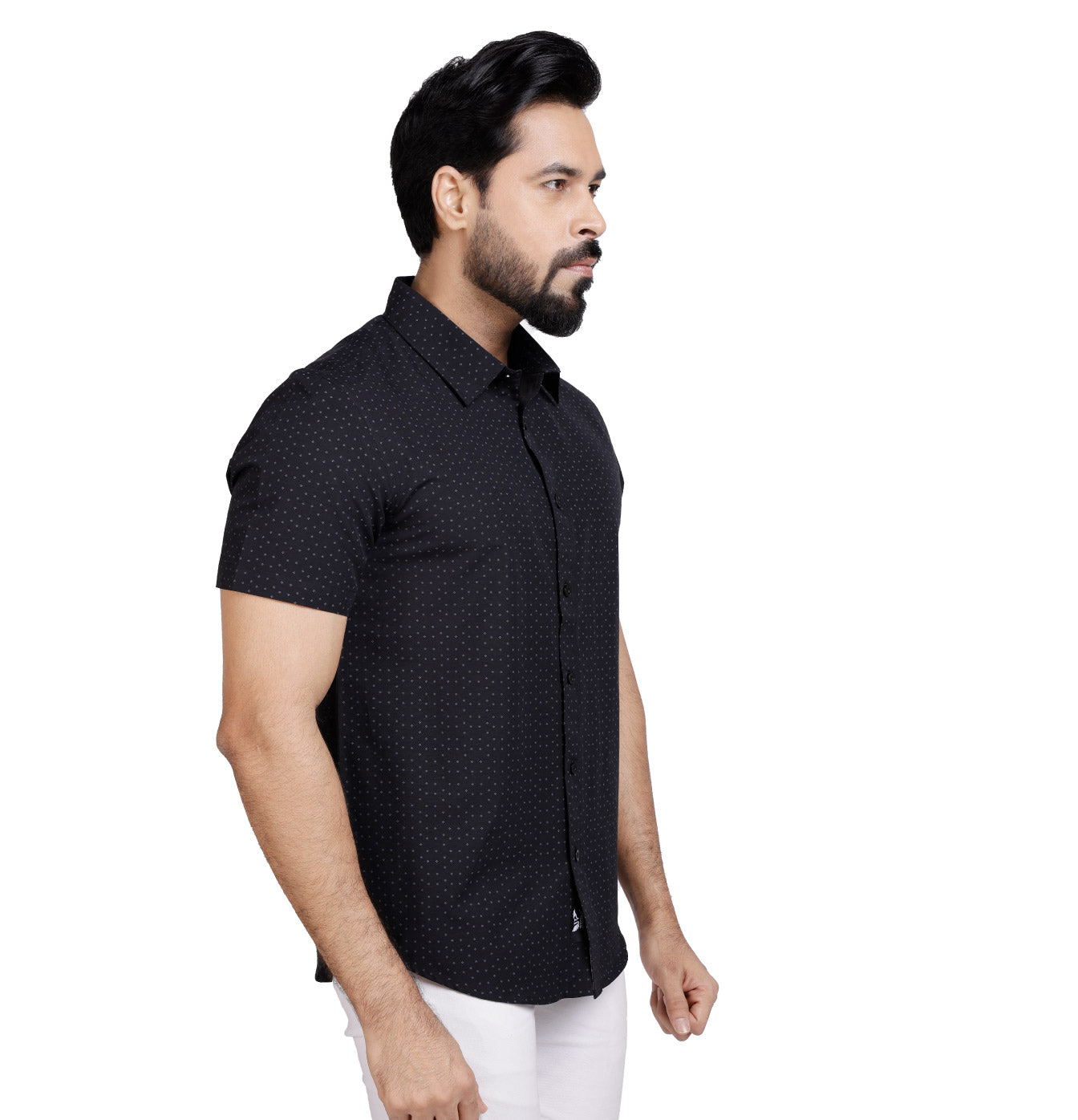 Active Fit Men's Shirt with Rhombus Pattern - Half Sleeves - Black