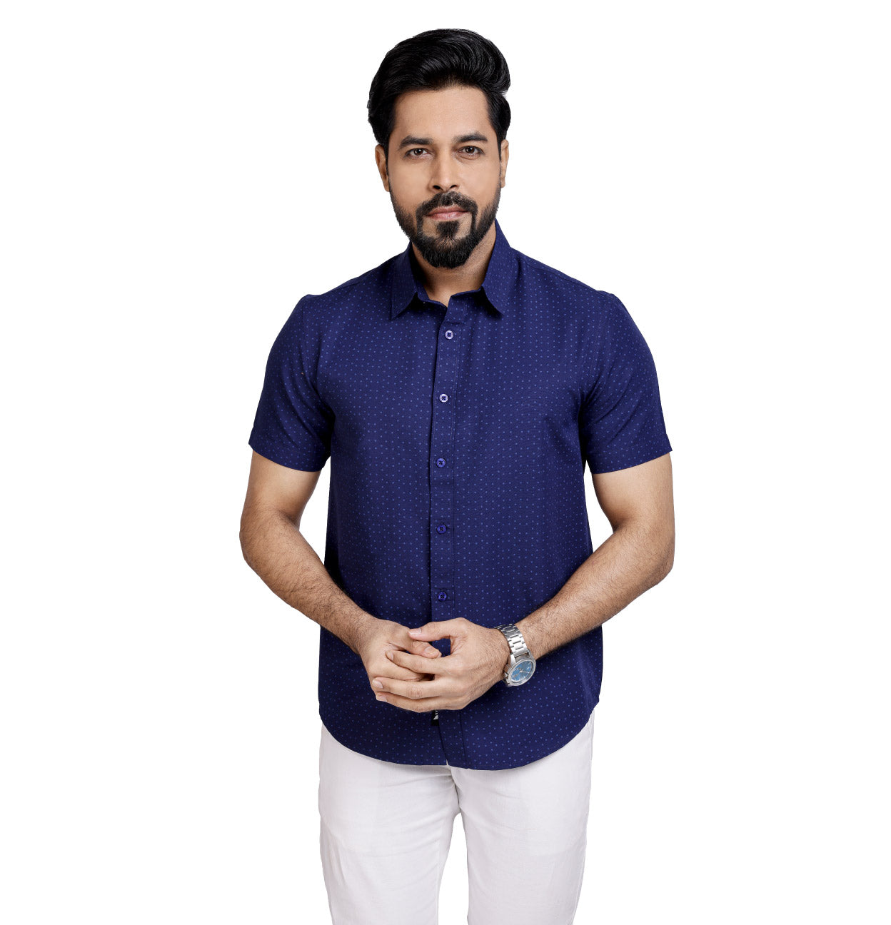 Active Fit Men's Shirt with Rhombus Pattern - Half Sleeves - Royal Blue