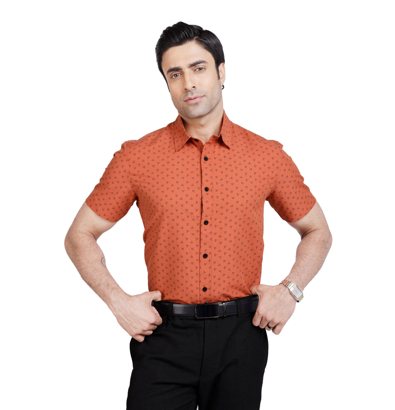 Active Fit Men's Shirt with Birdy Pattern - Half Sleeves - Rust Orange