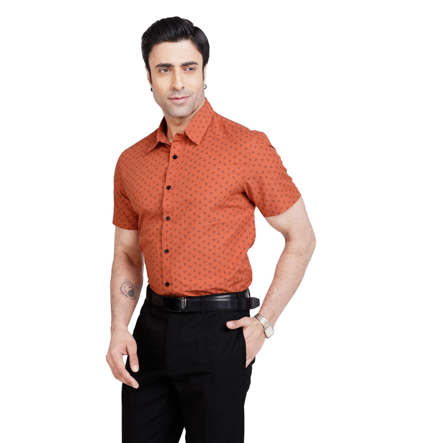 Active Fit Men's Shirt with Birdy Pattern - Half Sleeves - Rust Orange