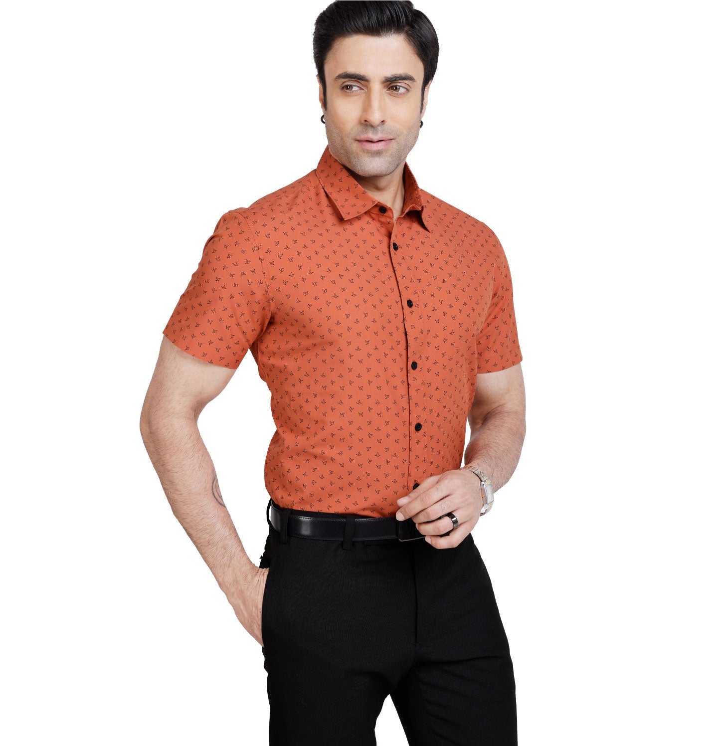 Active Fit Men's Shirt with Birdy Pattern - Half Sleeves - Rust Orange