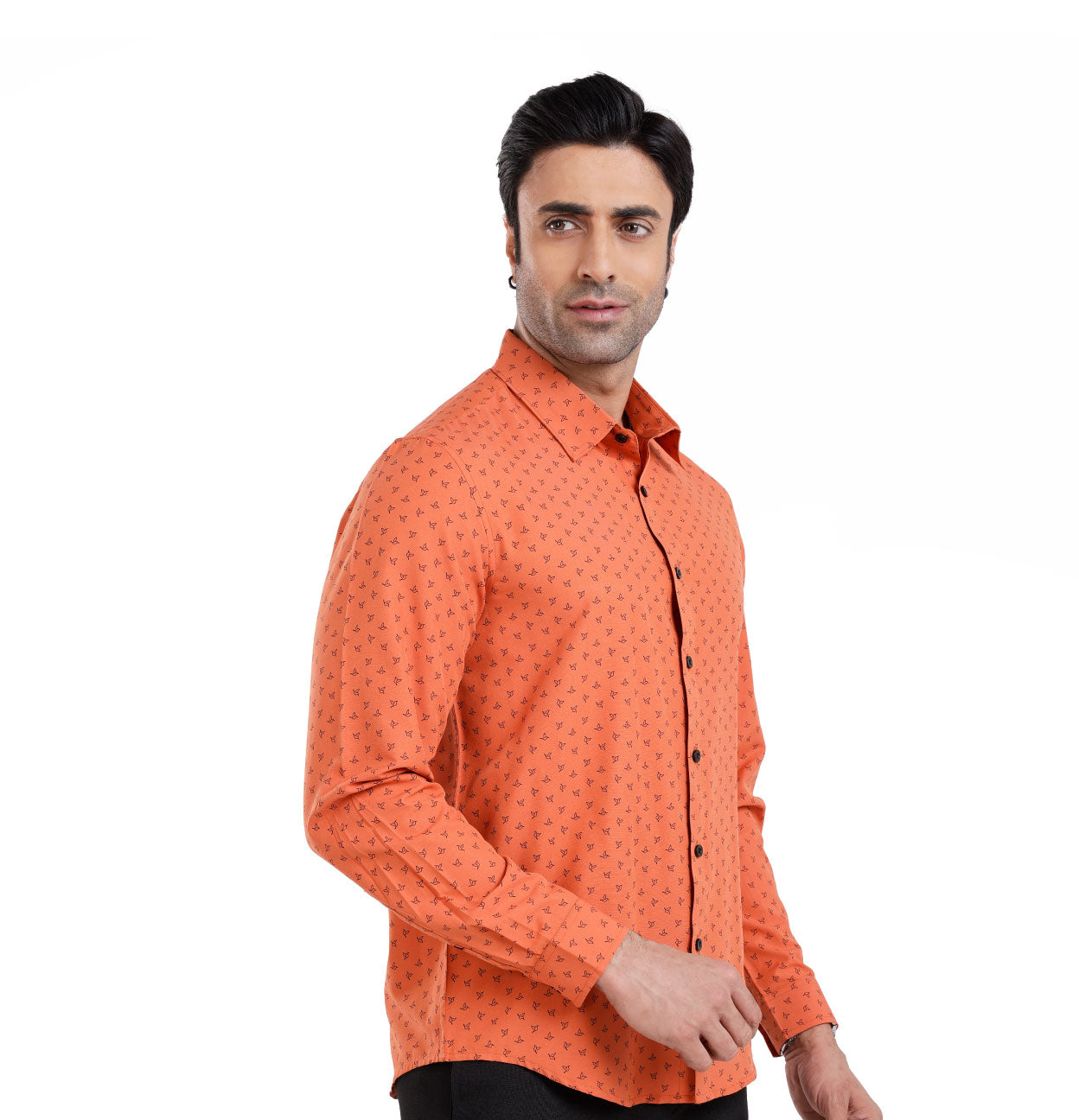 Active Fit Men's Shirt with Birdy Pattern - Full Sleeves - Rust Orange