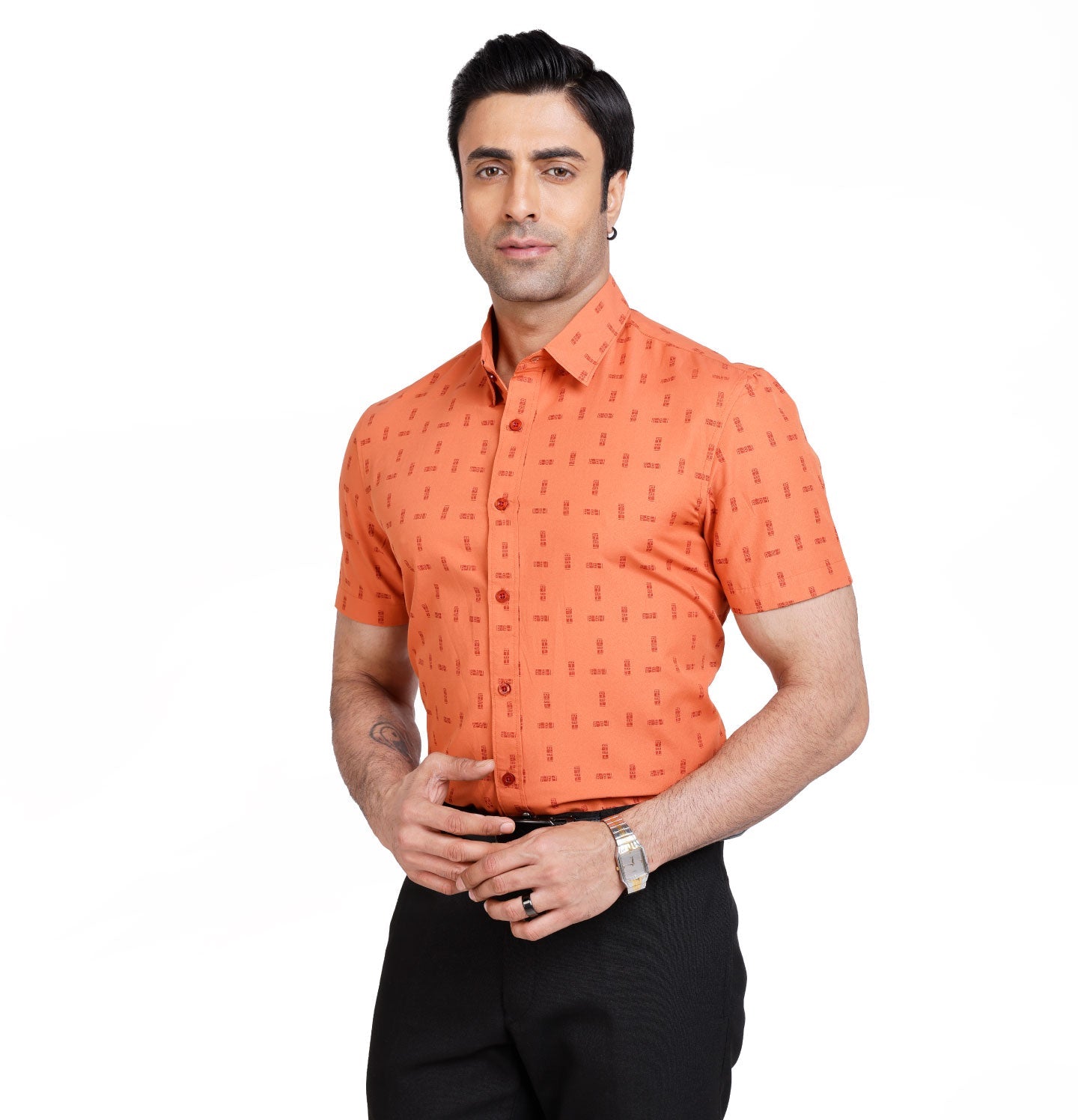 Active Fit Men's Shirt with Tribal Pattern - Half Sleeves - Rust Orange