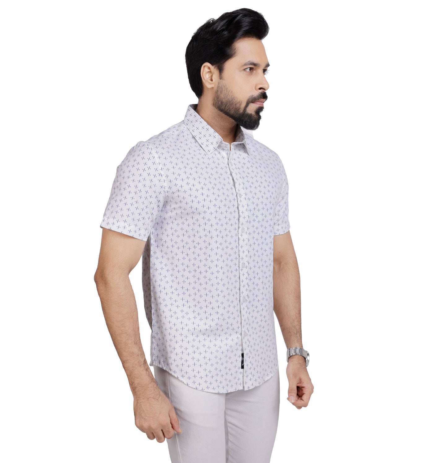 Active Fit Men's Shirt with Diamonds Pattern - Half Sleeves - White