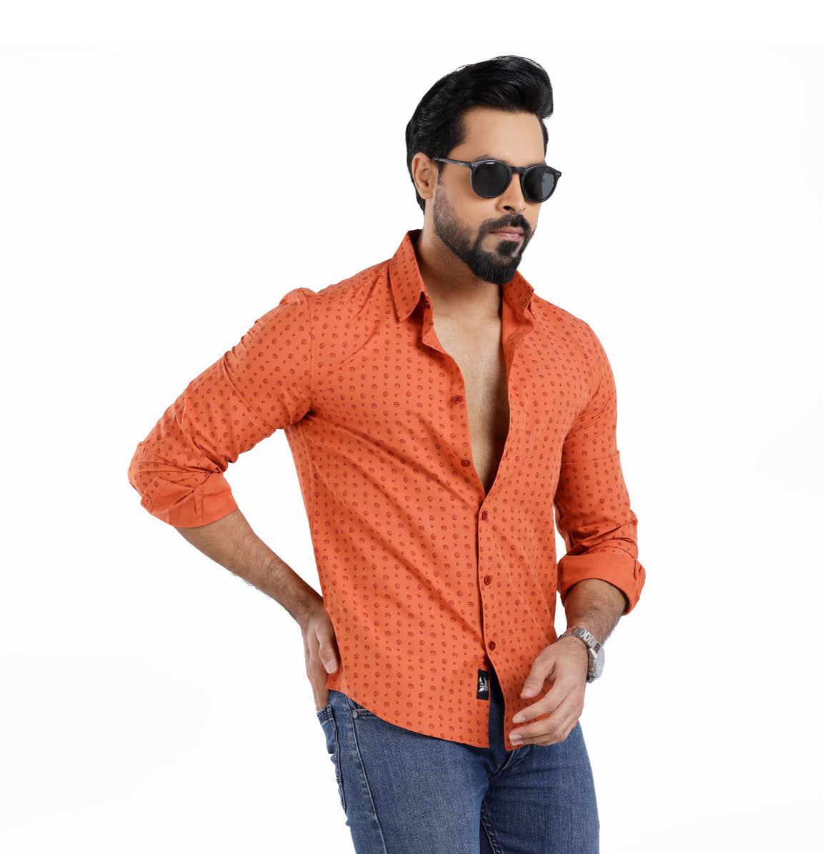 Active Fit Men's Shirt with Travel Pattern - Full Sleeves - Rust Orange