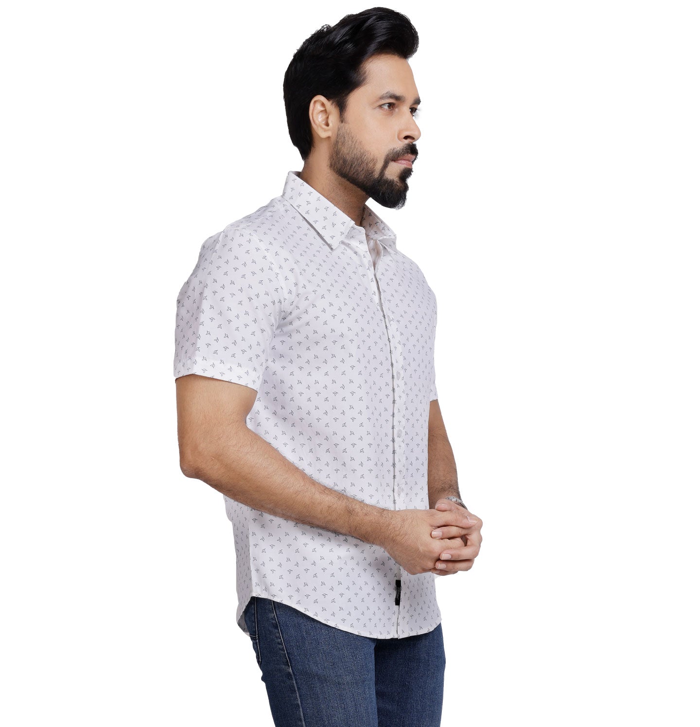 Active Fit Men's Shirt with Birdy Pattern - Half Sleeves - White