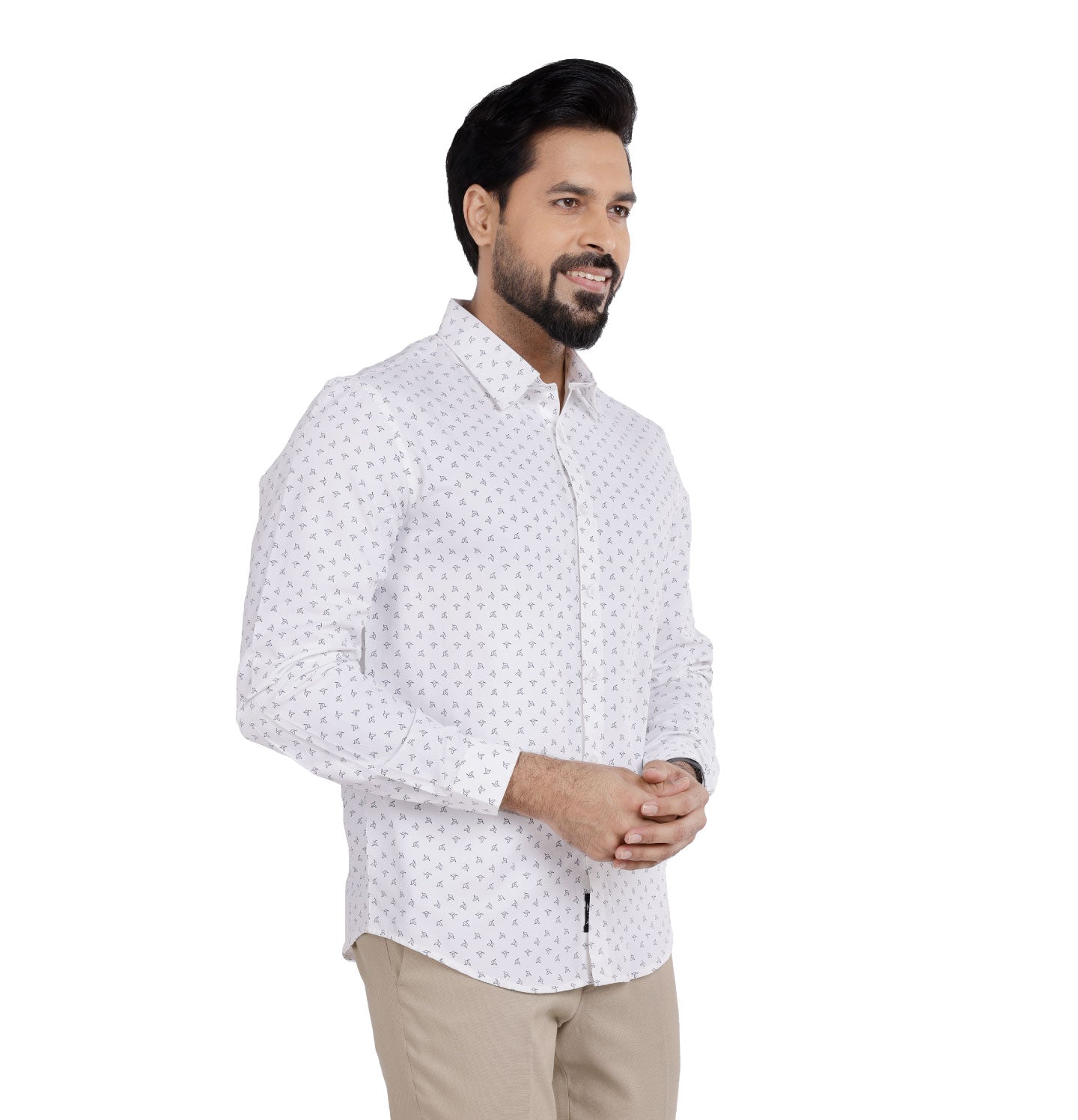 Active Fit Men's Shirt with Birdy Pattern - Full Sleeves - White