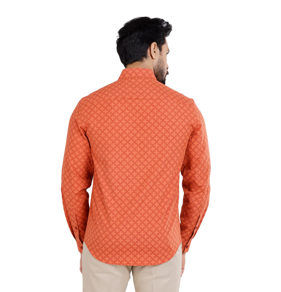 Active Fit Men's Shirt with Stencil Pattern - Full Sleeves - Rust Orange