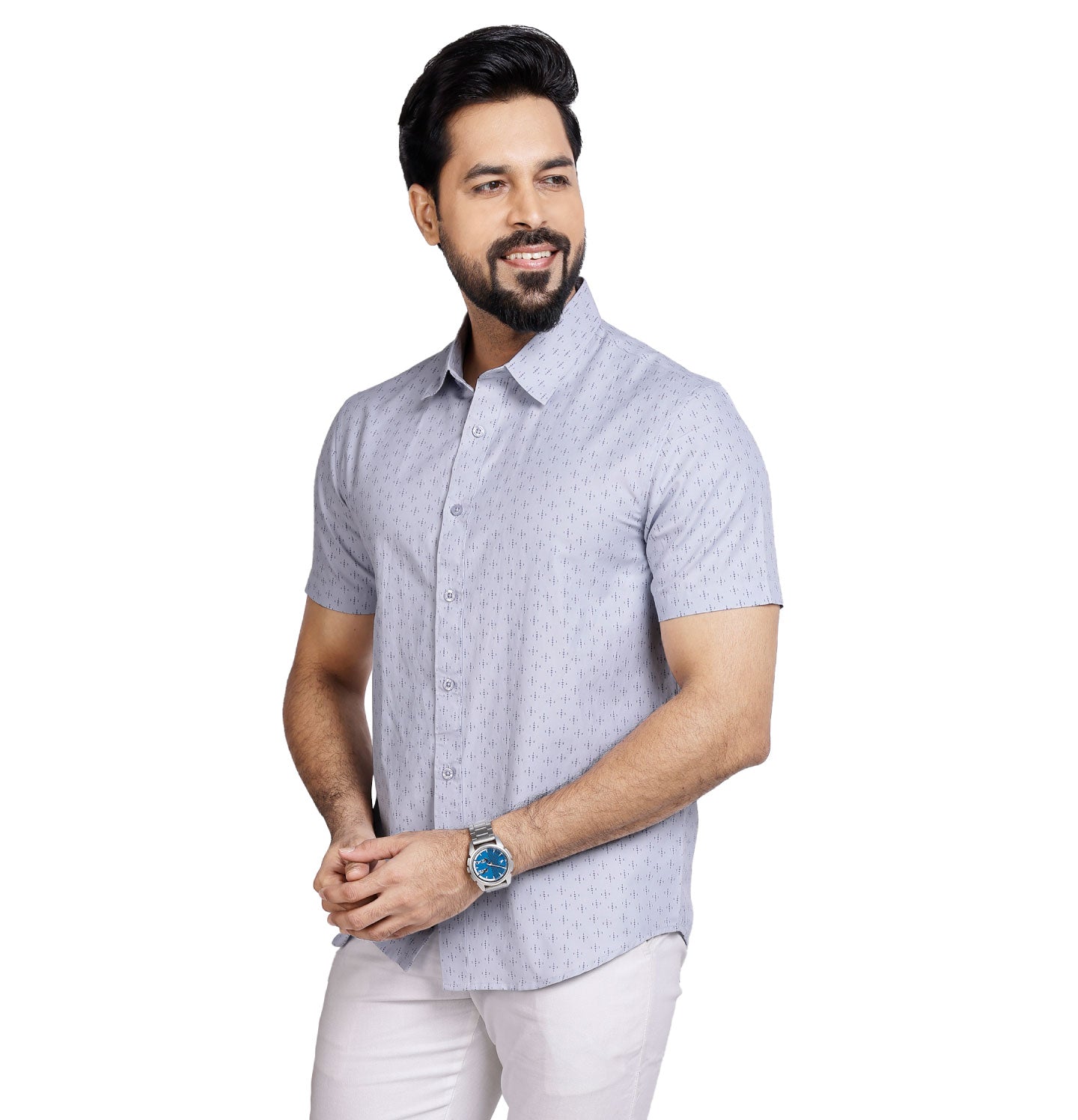 Active Fit Men's Shirt with Diamonds Pattern - Half Sleeves - Ice Blue