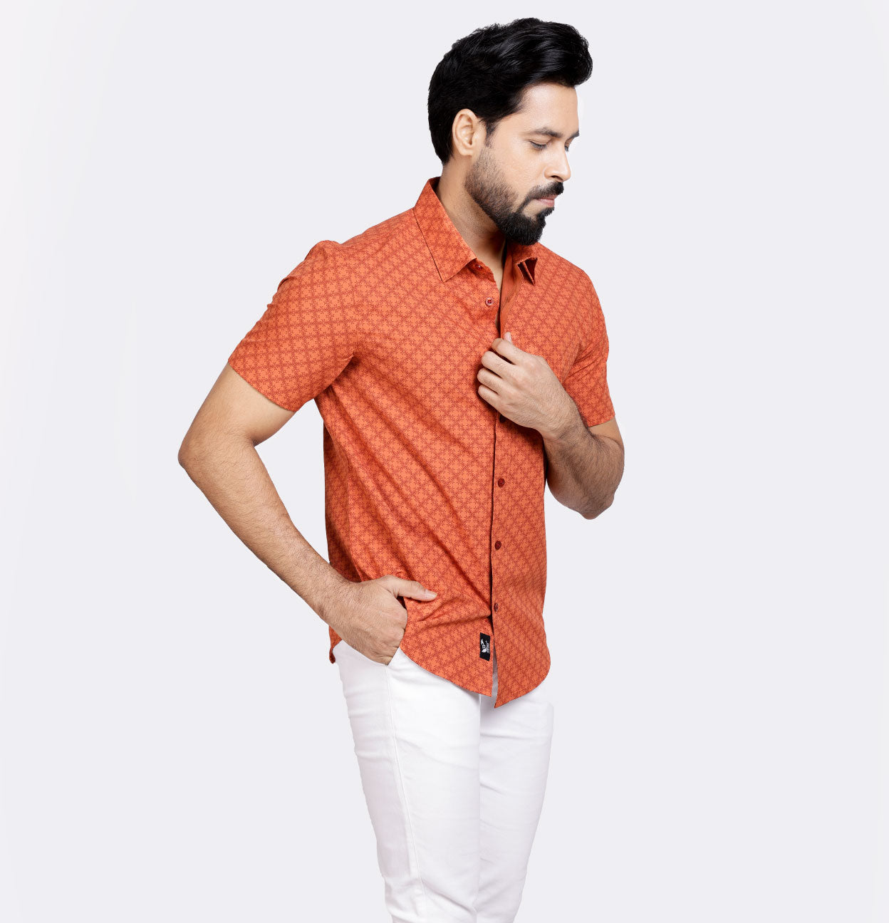 Active Fit Men's Shirt with Stencil Pattern - Half Sleeves - Rust Orange