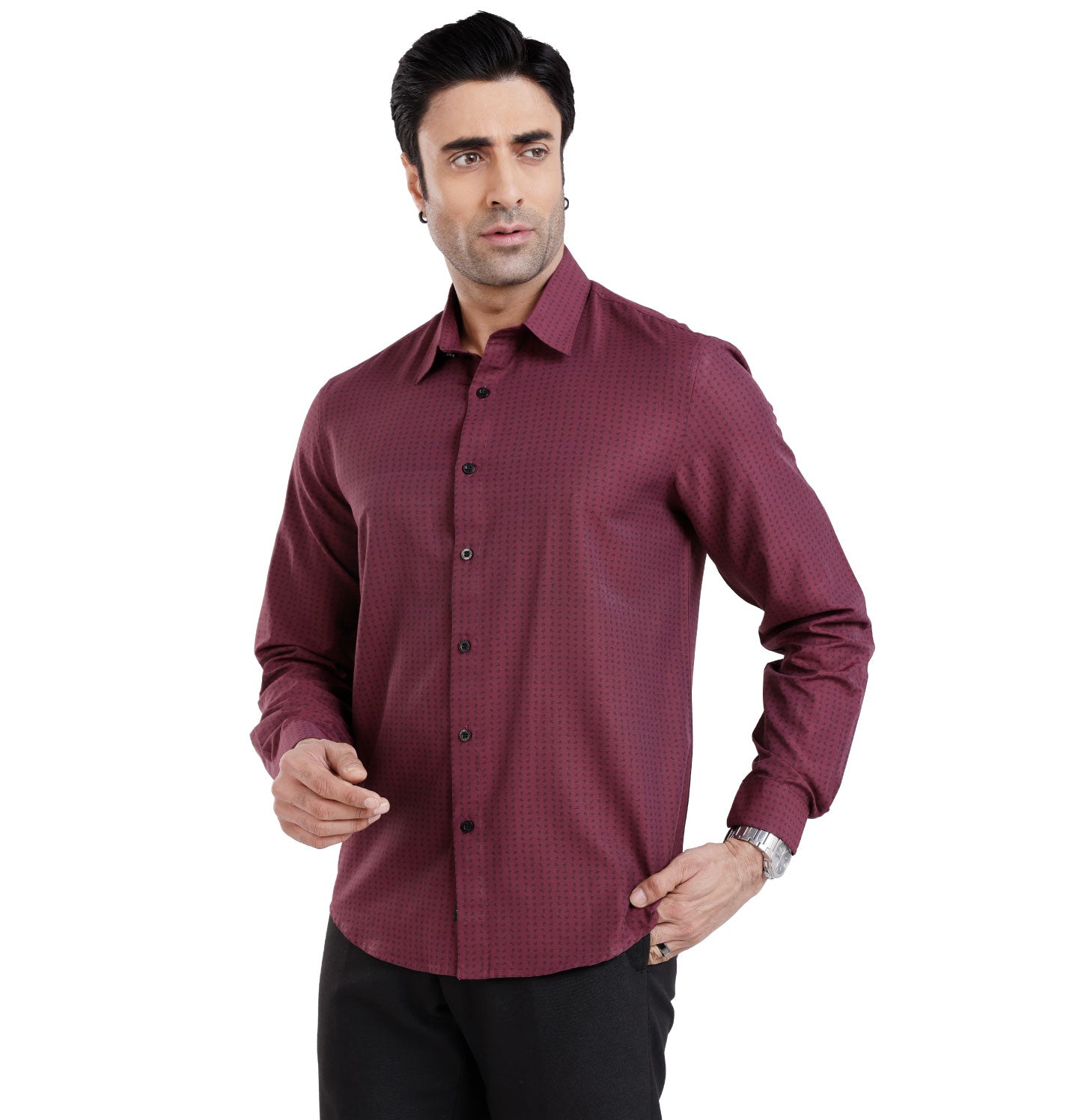 Active Fit Men's Shirt with Kettle Pattern - Full Sleeves - Wine