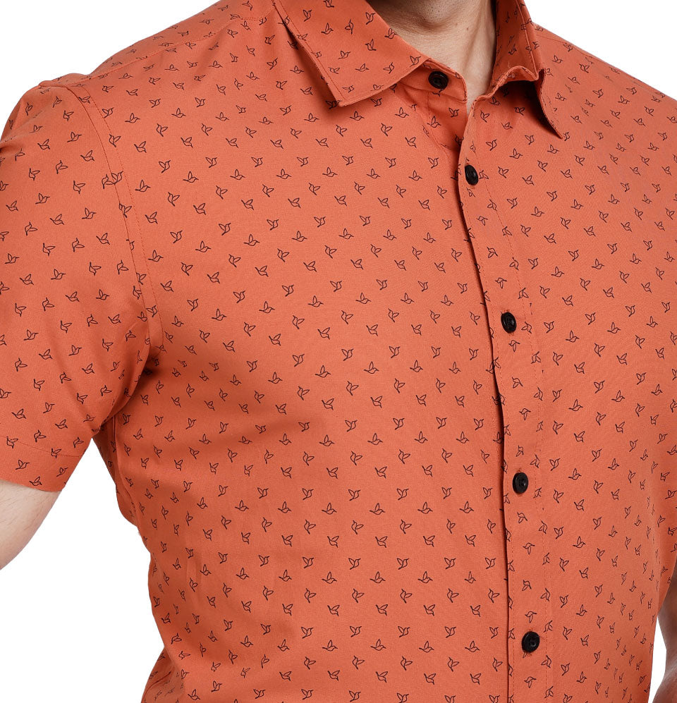 Active Fit Men's Shirt with Birdy Pattern - Half Sleeves - Rust Orange