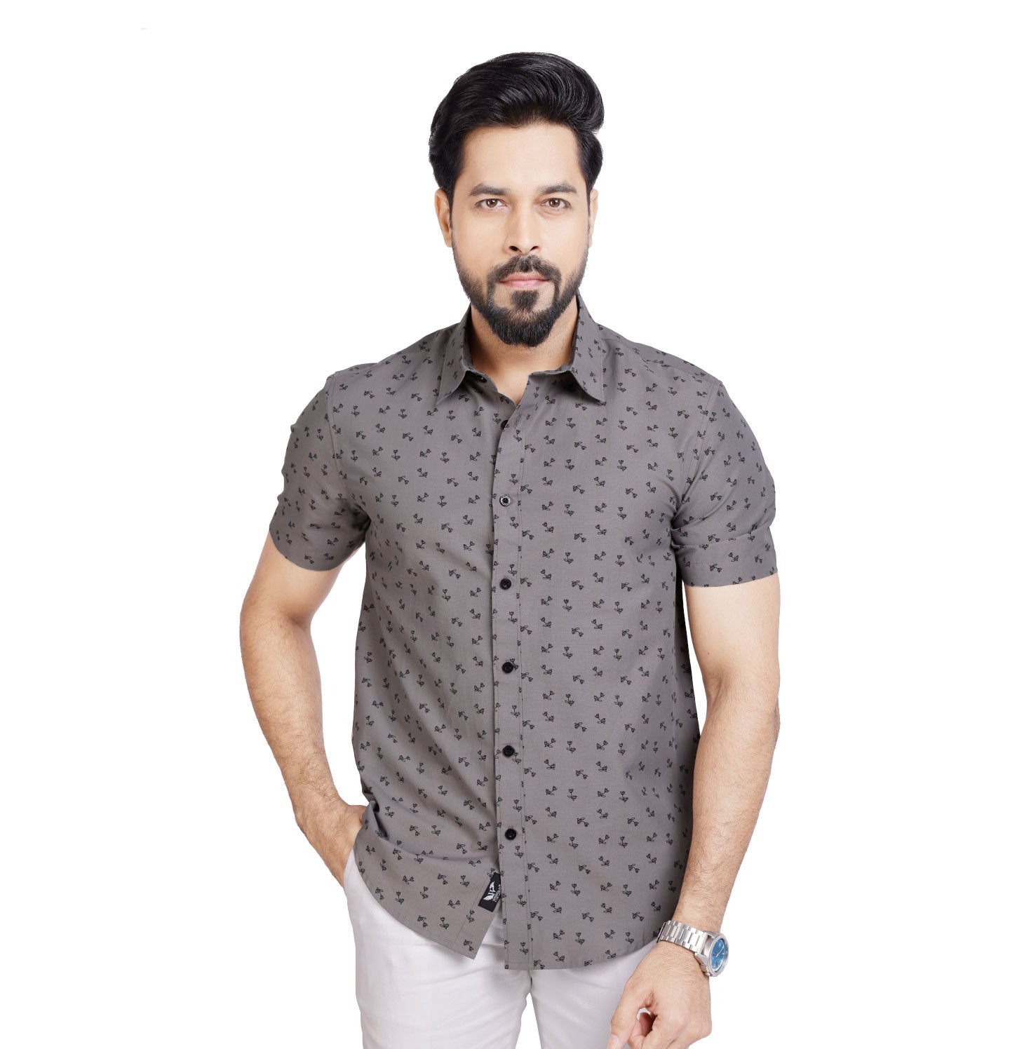 Active Fit Men's Shirt with Dandelions Pattern - Half Sleeves - Grey