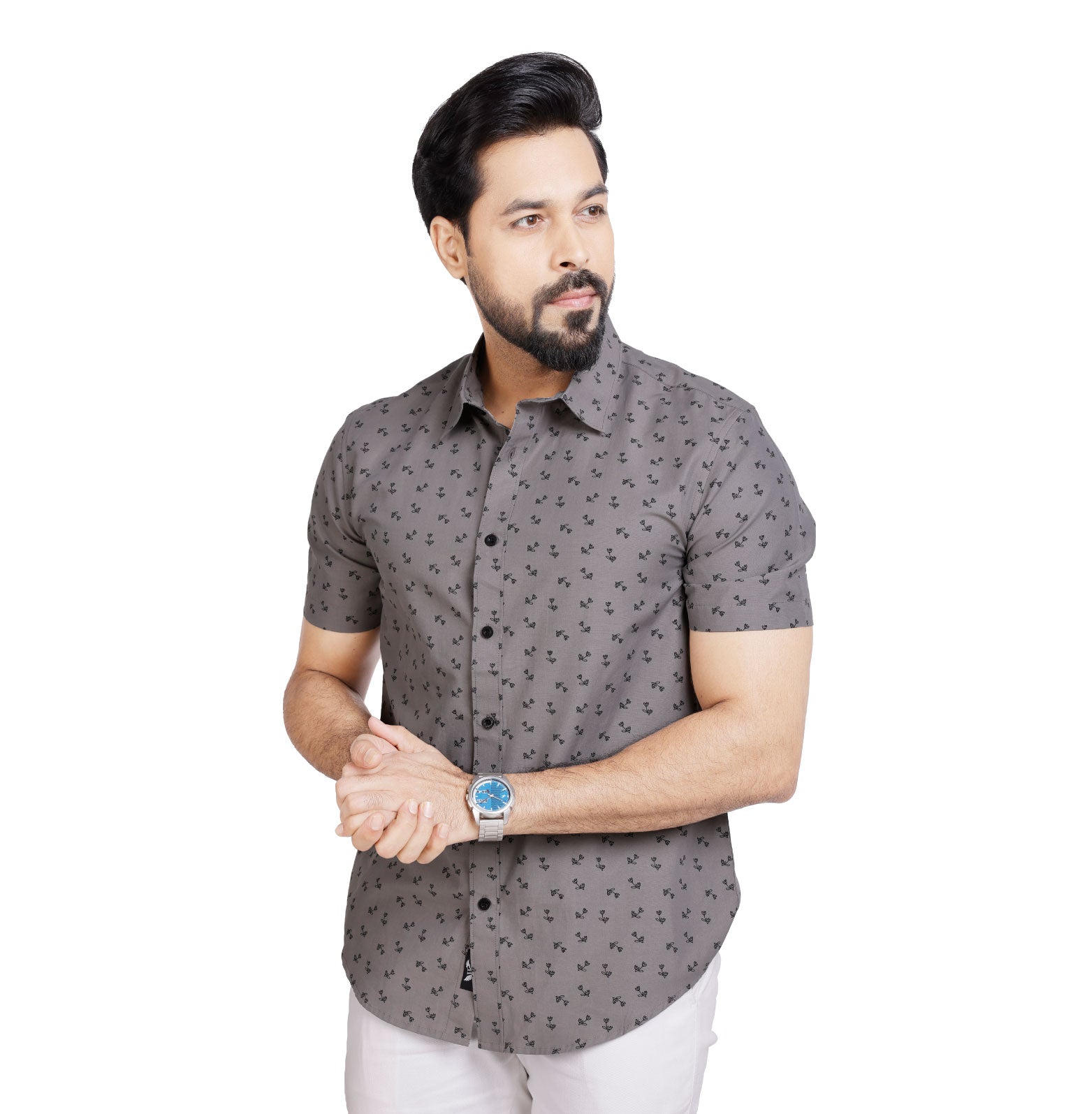 Active Fit Men's Shirt with Dandelions Pattern - Half Sleeves - Grey