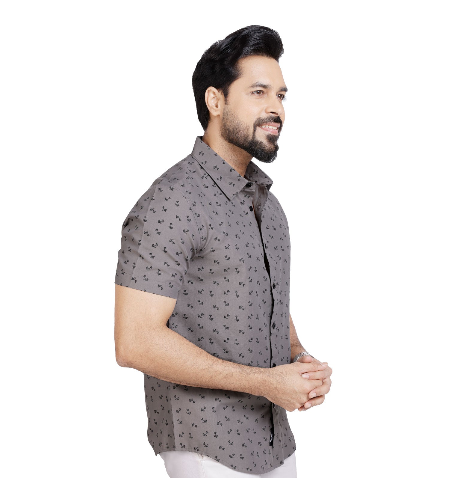 Active Fit Men's Shirt with Dandelions Pattern - Half Sleeves - Grey