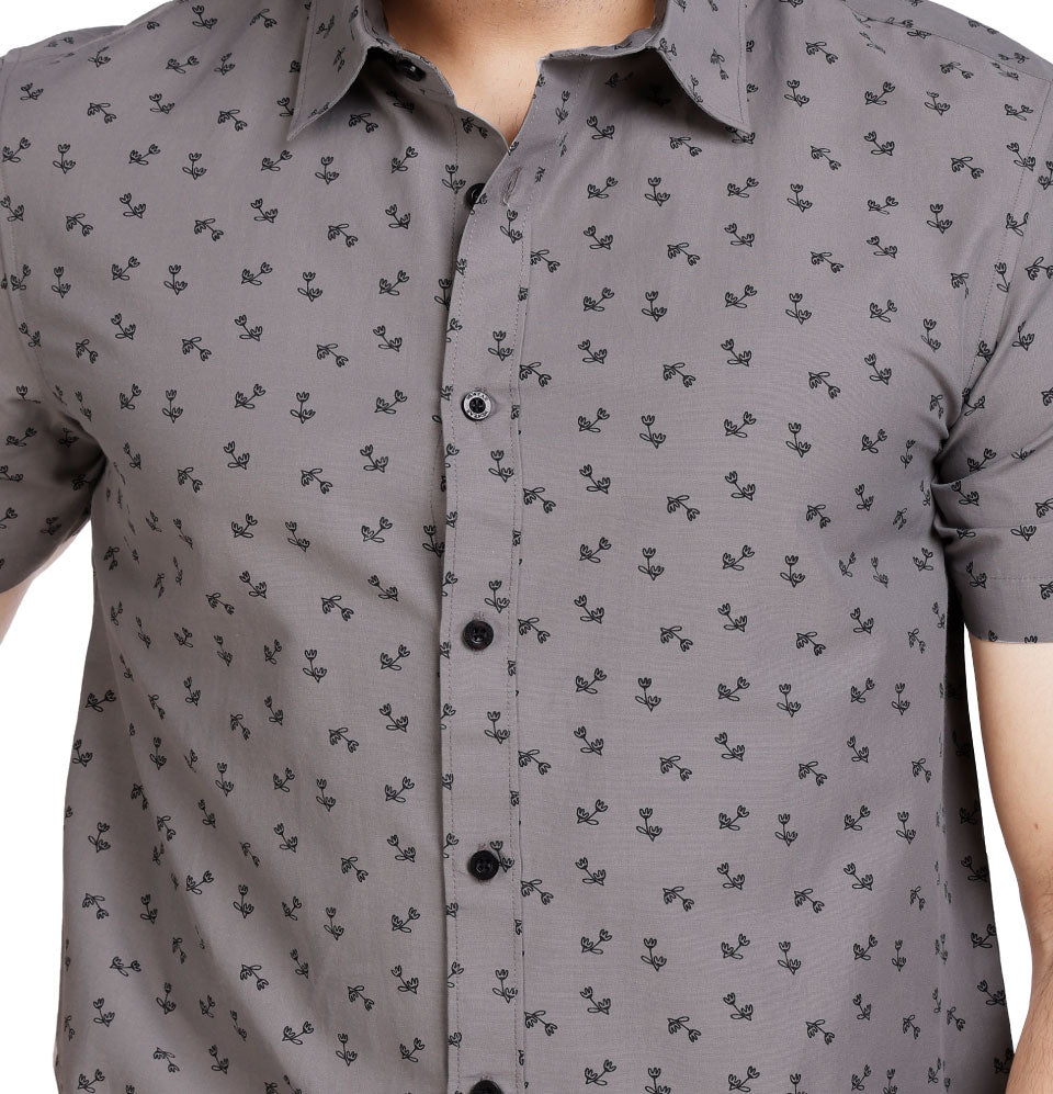 Active Fit Men's Shirt with Dandelions Pattern - Half Sleeves - Grey