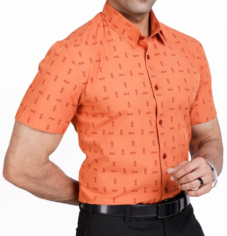 Active Fit Men's Shirt with Tribal Pattern - Half Sleeves - Rust Orange