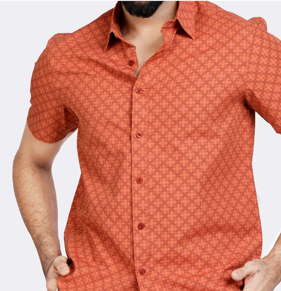 Active Fit Men's Shirt with Stencil Pattern - Half Sleeves - Rust Orange