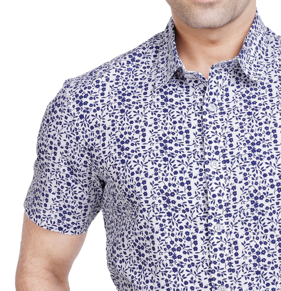 Active Fit Men's Shirt with Florals Pattern - Half Sleeves - White