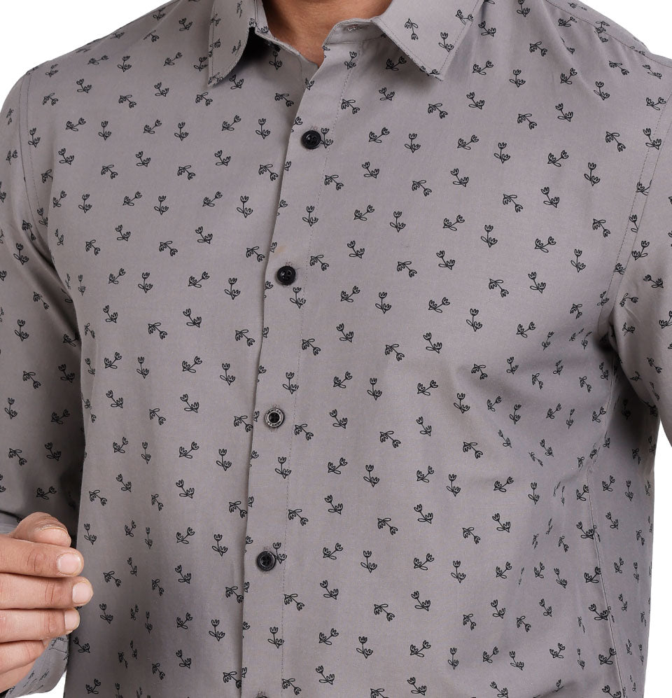 Active Fit Men's Shirt with Dandelions Pattern - Full Sleeves - Grey