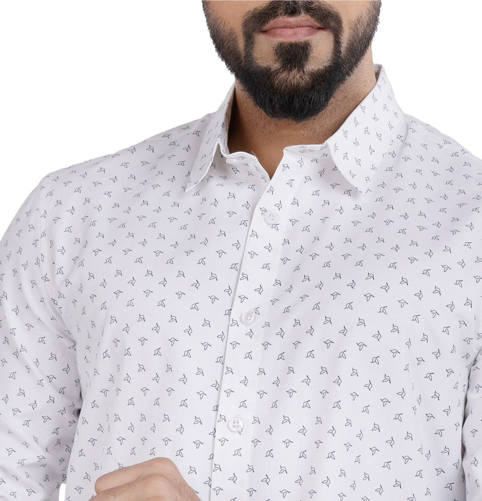 Active Fit Men's Shirt with Birdy Pattern - Full Sleeves - White