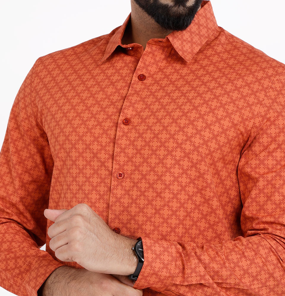 Active Fit Men's Shirt with Stencil Pattern - Full Sleeves - Rust Orange