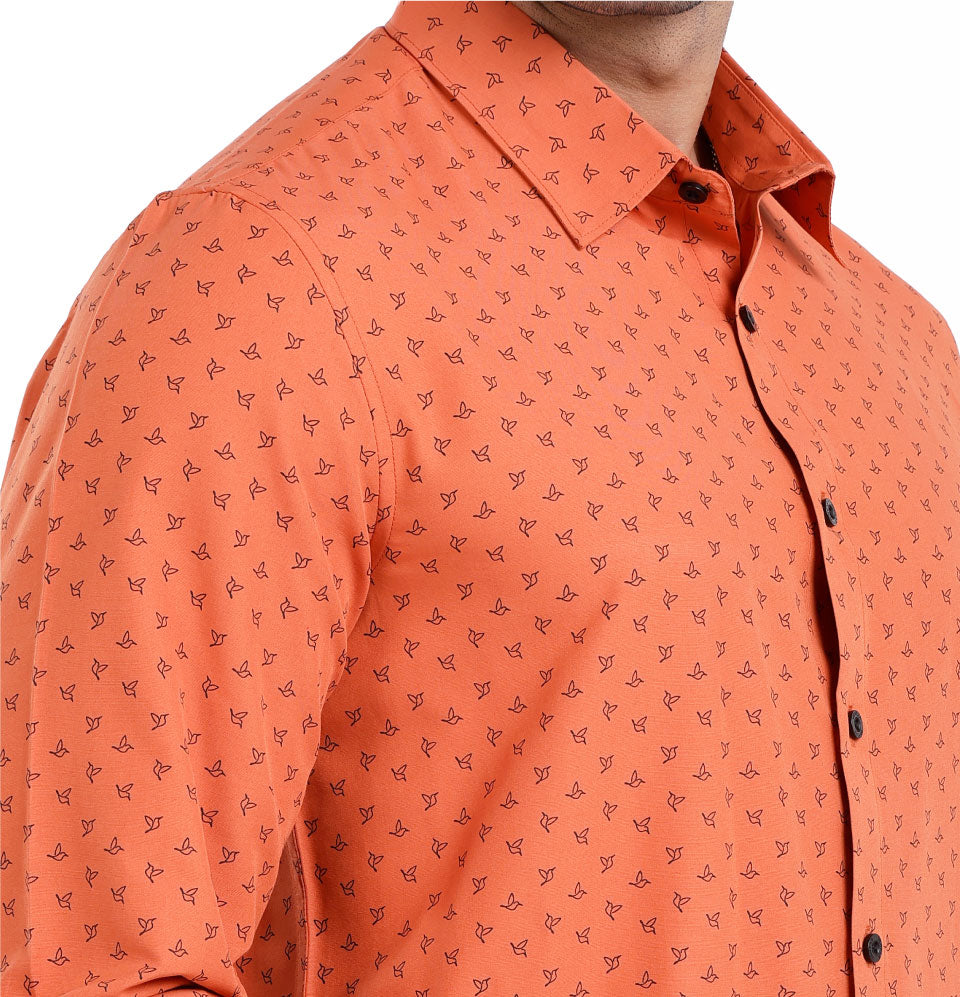 Active Fit Men's Shirt with Birdy Pattern - Full Sleeves - Rust Orange