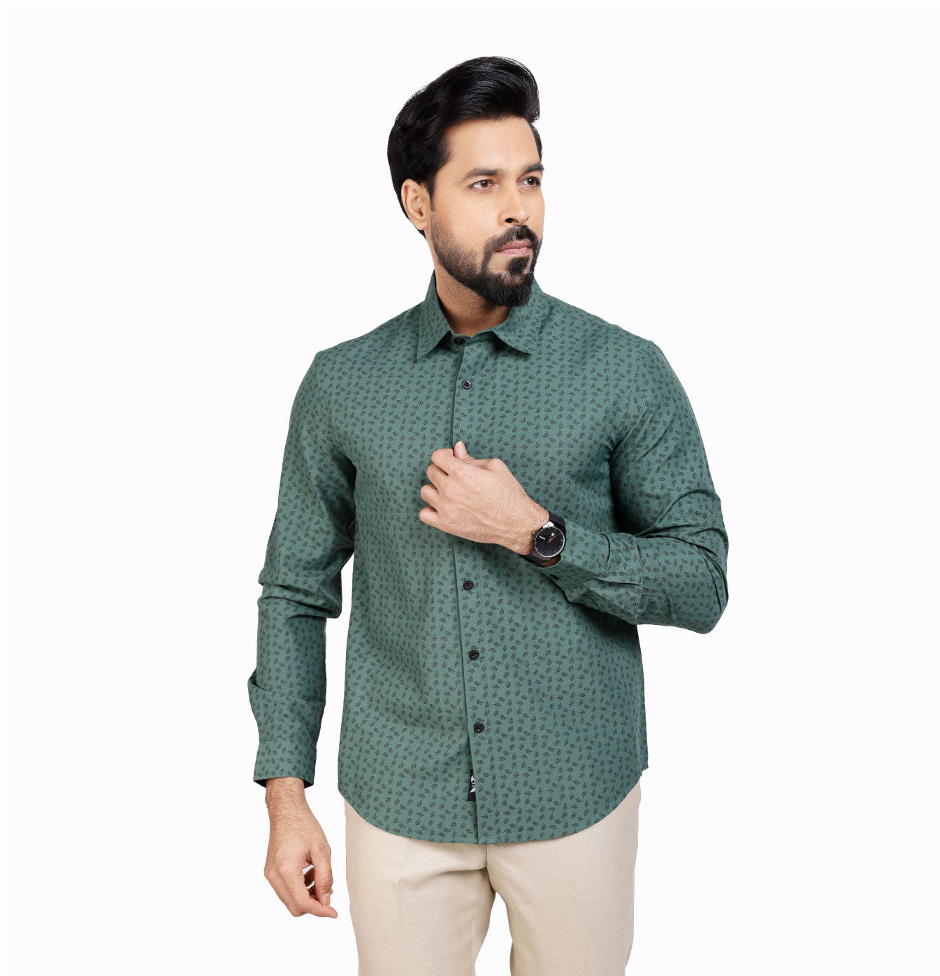 Active Fit Men's Shirt with Leaves Pattern - Full Sleeves - Green