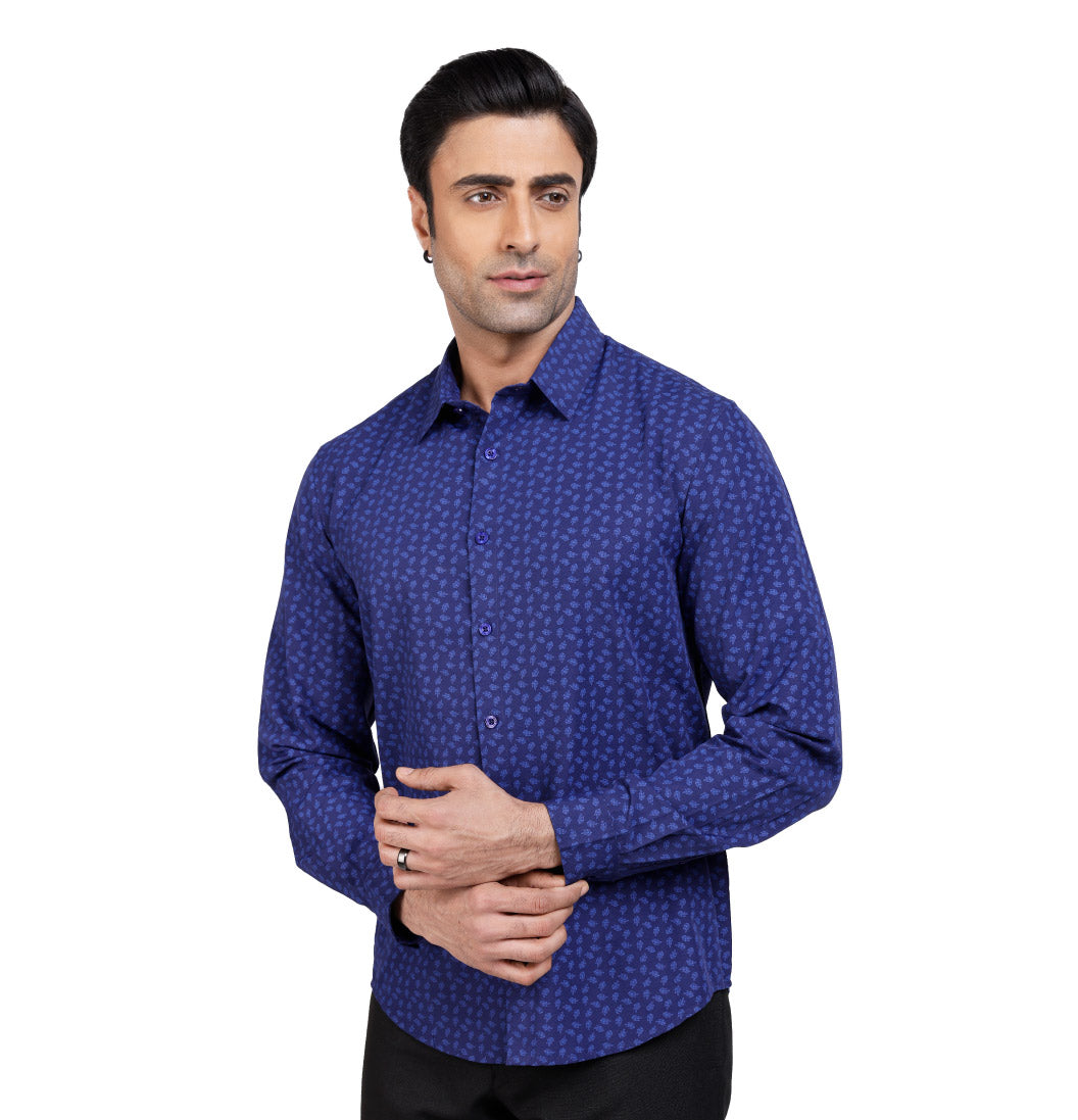 Active Fit Men's Shirt with Leaves Pattern - Full Sleeves - Royal Blue