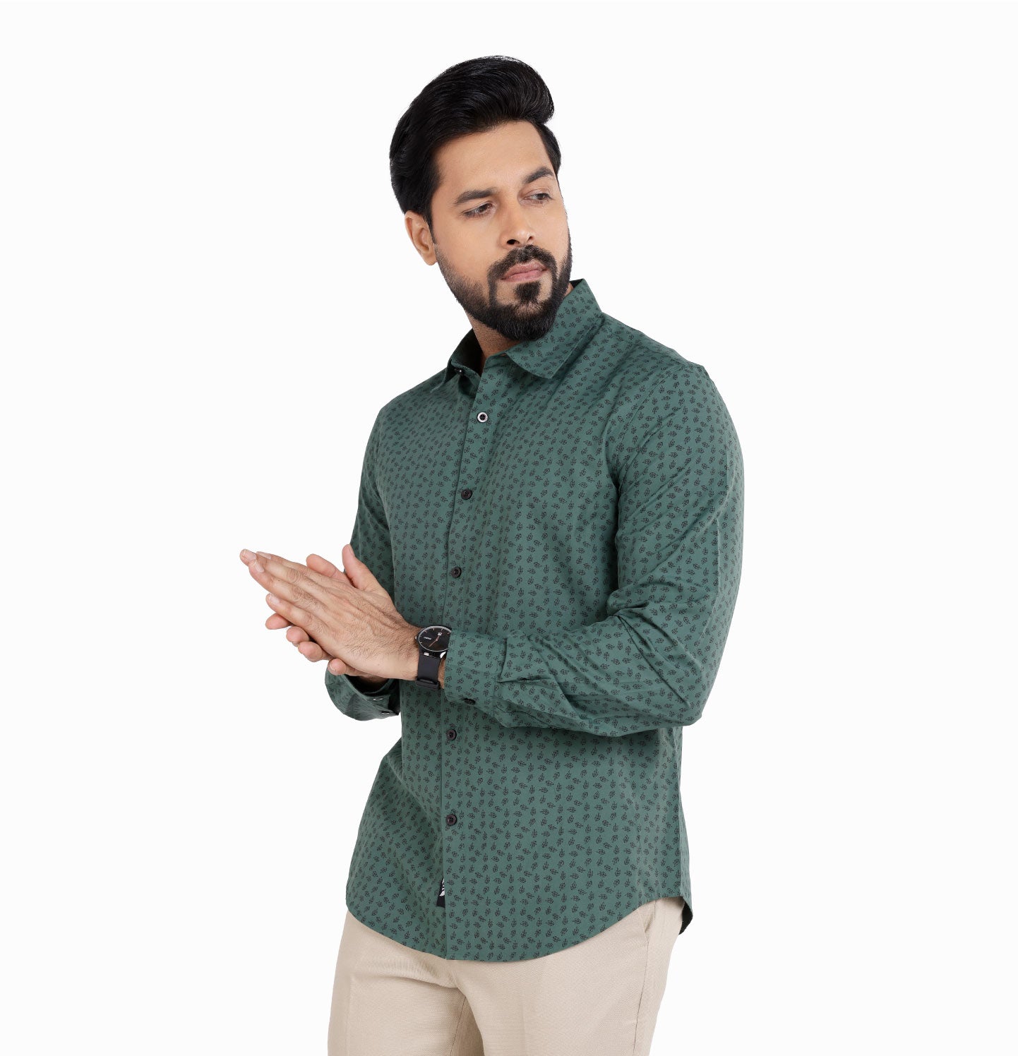 Active Fit Men's Shirt with Leaves Pattern - Full Sleeves - Green