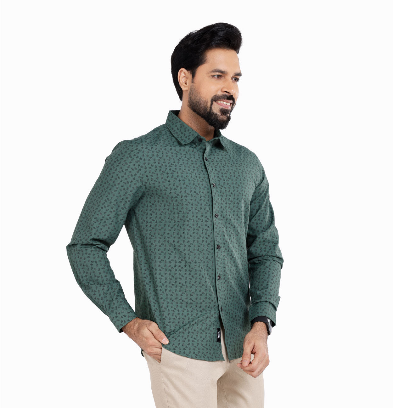 Active Fit Men's Shirt with Leaves Pattern - Full Sleeves - Green