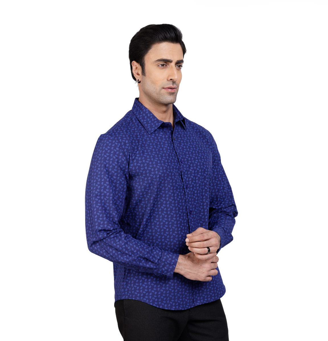 Active Fit Men's Shirt with Leaves Pattern - Full Sleeves - Royal Blue