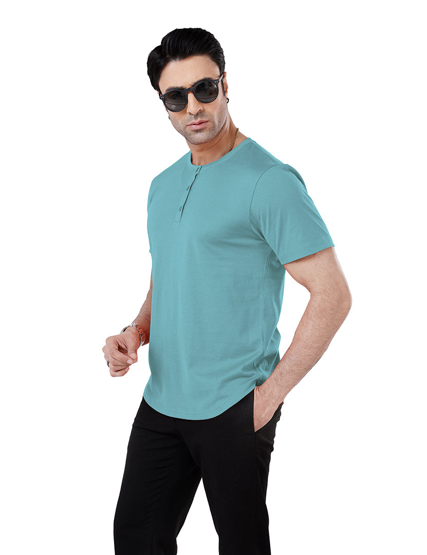 Men’S Short Sleeve Drop Cut Henley Neck T-Shirt - Aqua-Blue