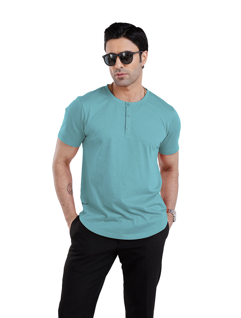 Men’S Short Sleeve Drop Cut Henley Neck T-Shirt - Aqua-Blue
