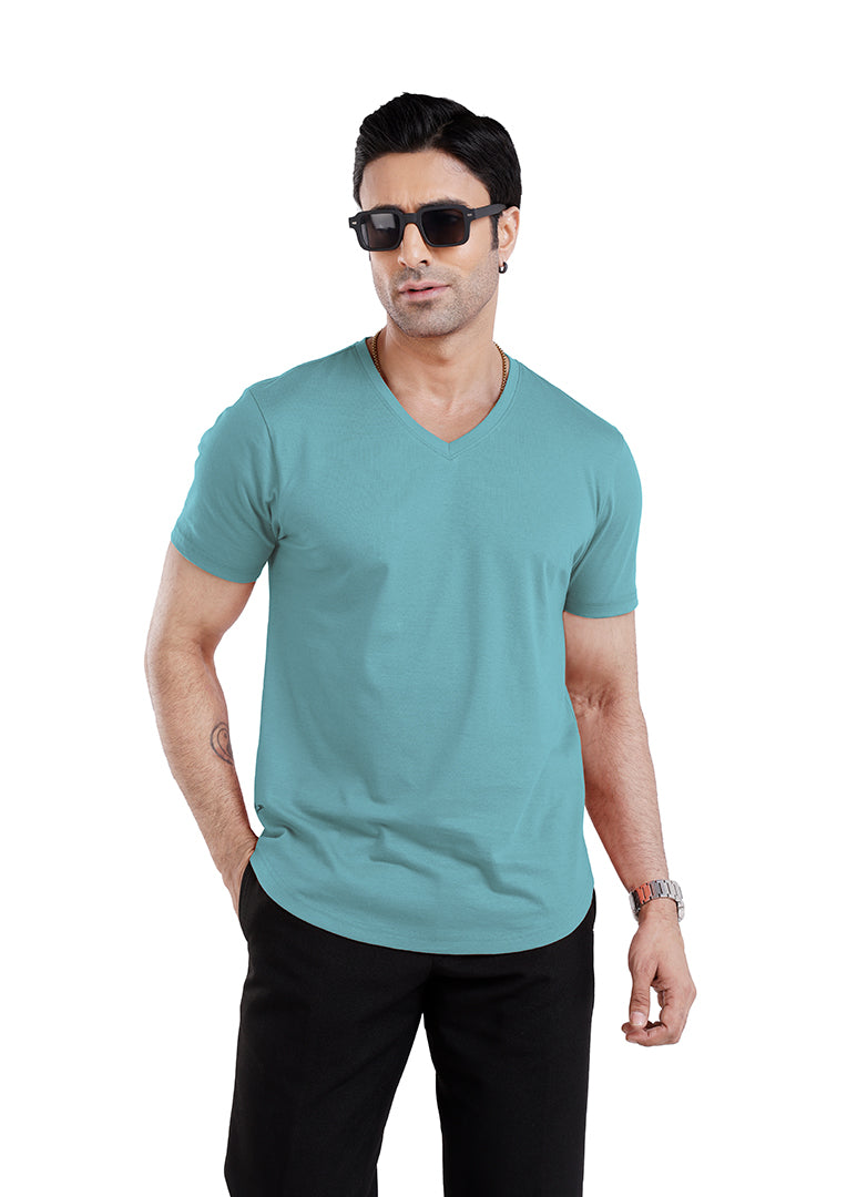 Men’S Short Sleeve Drop Cut V-Neck T-Shirt-Aqua-Blue
