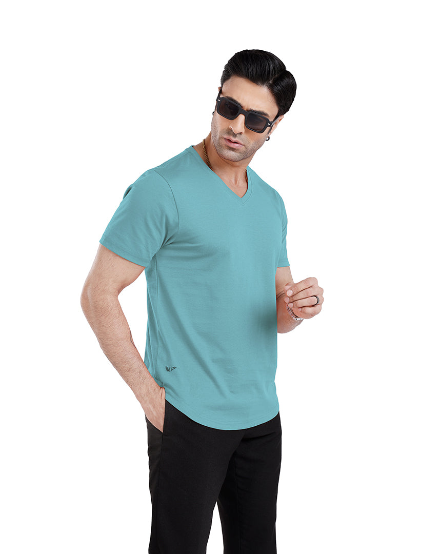 Men’S Short Sleeve Drop Cut V-Neck T-Shirt-Aqua-Blue