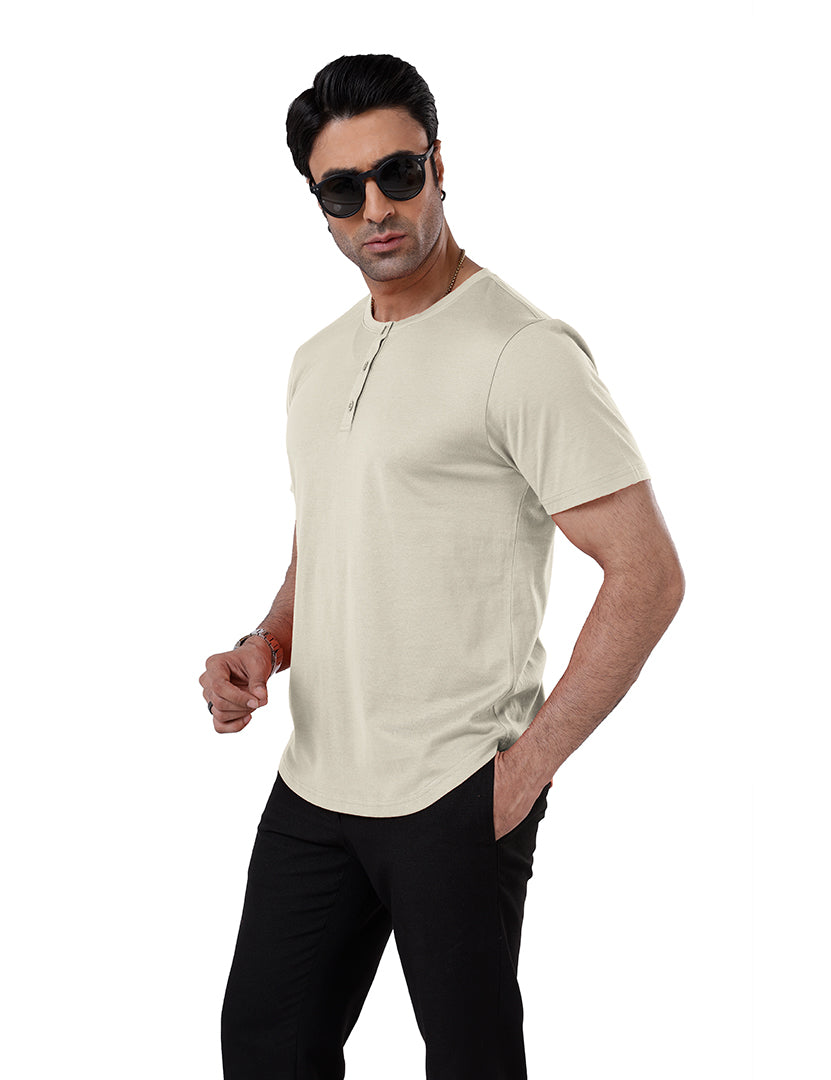 Men’S Short Sleeve Drop Cut Henley Neck T-Shirt - Beige