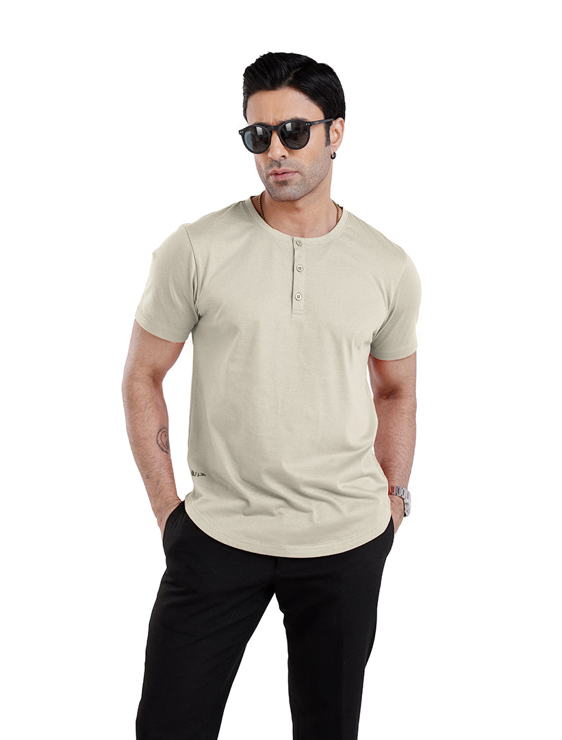 Men’S Short Sleeve Drop Cut Henley Neck T-Shirt - Beige