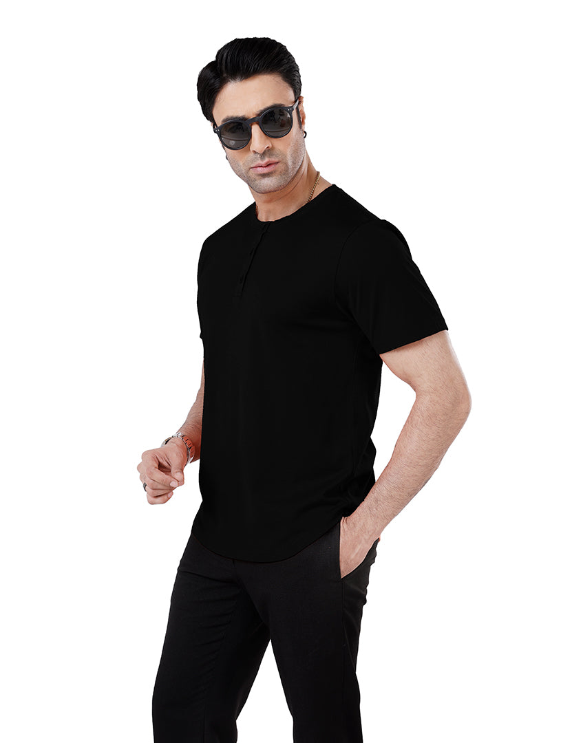 Men’S Short Sleeve Drop Cut Henley Neck T-Shirt - Black